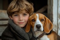 Young boy with freckles wearing gray scarf embraces loving beagle dog in heartwarming close-up portrait showing genuine friendship and companionship between child and pet.