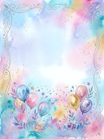 Watercolor birthday card background with pastel balloons, gift boxes, confetti, floral elements, and silver ornate frame with copy space.