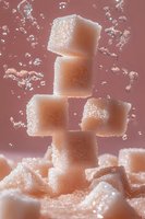 Brown sugar cubes stacked with water droplets splashing around on pink background for food and beverage concepts.