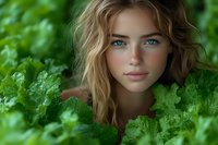 Young woman with wavy auburn hair and fair complexion surrounded by lush green foliage in natural outdoor setting. Portrait for lifestyle, beauty, wellness, and nature-themed projects.