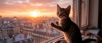 Tabby cat standing on windowsill gazing at golden sunset over urban cityscape skyline, domestic pet enjoying panoramic view from high-rise apartment window.
