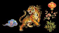 Lunar New Year tiger clipart set with lantern, cherry blossom, bamboo, and cloud, isolated on transparent background, ready for stickers, sublimation, and t-shirt design.