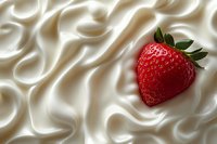 Fresh ripe strawberry on smooth creamy white yogurt background with elegant swirls, perfect for food packaging or dessert advertising.
