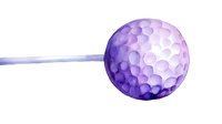 Purple watercolor golf ball with club on white background, sports equipment illustration for golfing publications and sporting goods marketing.