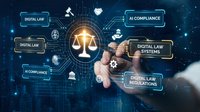 Businessman touching digital law interface with AI compliance, legal technology systems and regulations on futuristic network background.