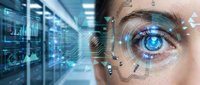 Futuristic biometric eye scanning technology with digital interface overlay in modern data center environment for security authentication systems.
