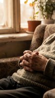 Elderly person with wrinkled hands clasped together, sitting in a cozy armchair by a sunlit window with houseplants, evoking calm and solitude.