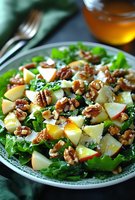 Fresh apple walnut salad with mixed greens, cheese and honey dressing served in glass bowl for healthy eating and gourmet dining experiences.