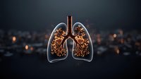 Glowing anatomical lungs with bronchial tree structure illuminated against dark background, medical visualization showing respiratory system details.