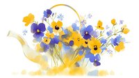 Delicate watercolor arrangement of purple pansies and yellow wildflowers in a transparent teapot, creating a soft spring garden composition.