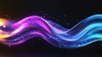 Vibrant flowing wave of purple and blue light with glowing particles and sparkles against dark background creates magical energy effect for abstract designs.