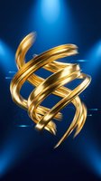 Intertwined golden metallic ribbons with glossy finish against deep blue glowing background with light rays. Use for luxury branding, premium design projects, and elegant marketing materials.