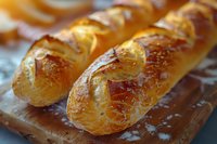 Fresh baked pretzel baguettes with golden brown crust, sesame seeds and salt on wooden cutting board, close up view showing glossy surface and texture.