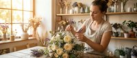 Young woman with brown hair and light skin tone, wearing a beige t-shirt, arranging fresh yellow and white roses with greenery in a vase. Florist working at wooden table in bright studio with shelves of plants and dried flowers. Floral design and arrangement work.