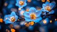 Blue cherry blossom flowers with golden stamens against warm bokeh lights background for spring decoration and floral design projects.