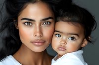 Close up portrait of young South Asian mother and toddler daughter with striking blue eyes wearing white, showing tender emotional connection against dark background.