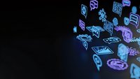 Digital technology icons floating in cyberspace with glowing blue and purple neon effects on dark background for modern tech presentations and designs.