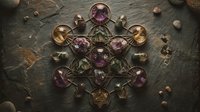 Mystical crystal grid with amethyst and citrine gemstones arranged in sacred geometry pattern on dark stone surface for spiritual healing and meditation practices.