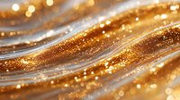 Diagonal waves of golden glitter and sparkles create luxurious abstract background with bokeh effect and shimmering light particles in macro photography.