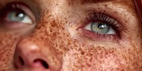 Close-up portrait of young woman with natural freckles and green eyes looking up, showcasing authentic beauty and skin texture for skincare campaigns.