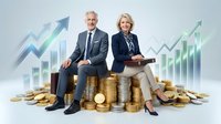 Successful mature Caucasian business couple sitting on golden coins with rising financial charts, representing wealth growth and investment success.