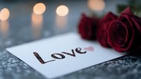 Romantic love note with red roses and warm bokeh lights creating intimate Valentine's Day atmosphere for greeting cards and relationship concepts.