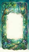 Enchanted forest frame with magical trees, glowing lanterns and mystical foliage surrounding blank space for text or design elements.