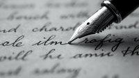Fountain pen nib writing on handwritten manuscript page in black and white, suitable for literature, education, writing, and publishing projects.