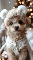 Adorable small dog wearing knitted cream winter hat with pom poms and matching scarf against blurred Christmas lights background, creating cozy holiday atmosphere.