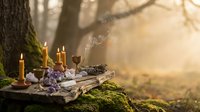 Mystical forest altar with burning candles, crystals, herbs and ritual items on moss-covered log during golden hour sunlight streaming through trees.