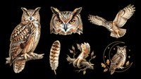 Owl clipart set with six elements: perched owl, face portrait, flying owl, feather, branch, and moon owl, isolated on transparent background for stickers, t-shirt design, print on demand.