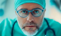 Middle-aged male medical professional with gray beard wearing surgical scrubs, cap and glasses looking directly at camera with serious expression in turquoise tones.