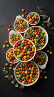 Colorful candy coated chocolates in white bowls arranged on dark slate surface with eucalyptus leaves for party treats and confectionery displays.