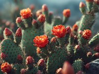 Vibrant orange flowers blooming on prickly pear cactus plants in desert landscape, showcasing nature's resilience and beauty in arid conditions.