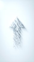 Upward arrow composed of scattered financial currency symbols including dollar, euro, and pound signs on white background, representing growth, investment success, and rising markets.