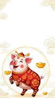 Cute cartoon pig in traditional red outfit with gold coins and ornate Asian patterns on white background for Chinese New Year celebrations.