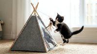 Black and white kitten playing with small teepee tent indoors. Young cat exploring pet furniture toy on carpet near window for home entertainment.