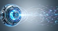 Futuristic metallic sphere with glowing blue core emitting digital data streams and holographic waves, representing technology, artificial intelligence, and innovation for digital transformation concepts.