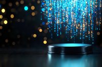 Glowing blue light particles falling onto metallic podium against dark background with golden bokeh lights, creating magical display atmosphere.