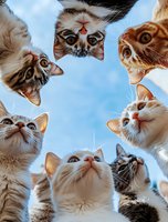 Curious cats looking down at camera in circle formation against blue sky background, creating playful and engaging perspective for pet photography and social media.