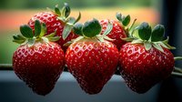 Fresh ripe strawberries with green leaves close up on blurred background. Macro shot of juicy red berries showing detailed texture and natural pattern.