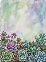 Watercolor succulent garden border with soft pastel background for botanical designs and nature-themed projects.