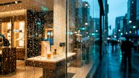 Raindrops on glass window of modern urban cafe with warm interior lighting and blurred city street view at dusk creating cozy atmospheric dining scene.