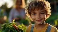 Young boy with curly hair holding fresh carrots in garden setting. Child enjoying healthy vegetables outdoors during golden hour sunlight.