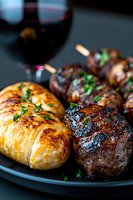 Grilled beef medallions and hasselback potatoes garnished with fresh herbs on dark plate, served with red wine. Elegant restaurant dish with rich glaze.
