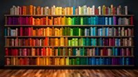 Colorful rainbow bookshelf with organized books arranged by color spectrum from red to purple on wooden floor against dark wall for library design.