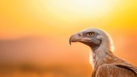 Majestic vulture profile against vibrant golden sunset sky, showcasing detailed feathers and distinctive hooked beak in warm atmospheric light.