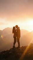 Romantic couple silhouette embracing on mountain peak during golden hour sunset with warm orange sky and dramatic landscape backdrop for love concepts.