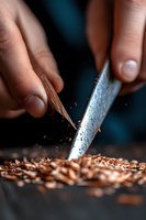 Sharp knife blade chopping chocolate into small shavings on dark surface, close-up macro shot with flying particles captured in motion.