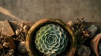 Succulent plant in rustic terracotta pot with natural wooden elements and dried flowers creating organic garden composition for home decor and botanical design projects.